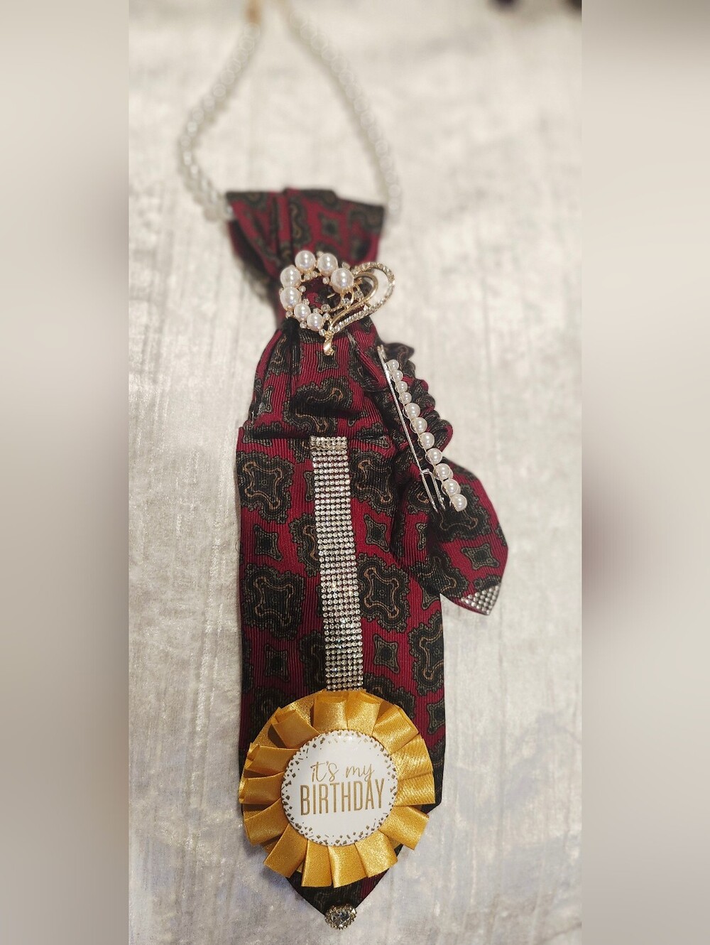 Burgundy Patterned Ribbon Statement Tie with Pearl & Rhinestone Accents Birthday